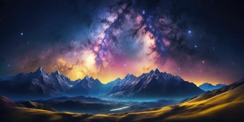 Night landscape with colorful Milky Way and yellow light at mountains. Starry sky with hills at summer. Beautiful Universe.