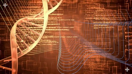 Poster - Stylized 3D DNA helix being rendered curving vertically along left side, showing code and data flow