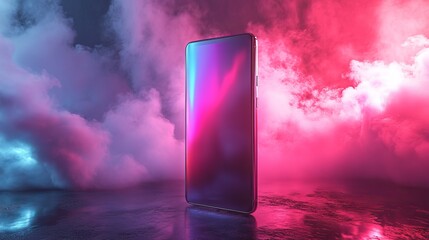 Poster - Modern Smartphone Pink Blue Neon Vaporwave Background Digital Art Futuristic Technology Mobile Phone Screen Design Abstract Gradient Trendy Vaporwave 