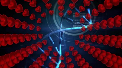 Poster - 3D render showing blue DNA helix spiraling among red heart icons, with glowing rings, code overlays