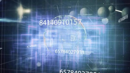 Poster - wireframe globe floating in neon grid matrix, showing numeric sequences and molecular spheres