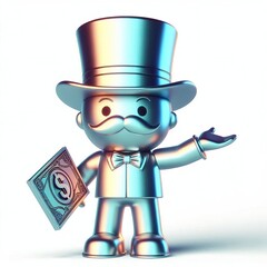 animated character 3d image of a metallic holographic style monopoly man cute design, white backgrou