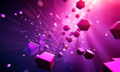 Abstract Geometric Shapes with Purple and Pink Hues Floating in a Three Dimensional Space Radiating Bright Colorful Light