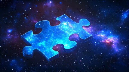 Poster - Glowing Blue Puzzle Piece Cosmic Galaxy Background Abstract Design Digital Art Modern Illustration Futuristic Space Theme Creative Artwork Vibrant    