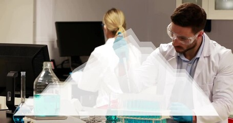 Poster - Male scientist pipetting blue liquid into test tubes in science lab, with floating data graphs