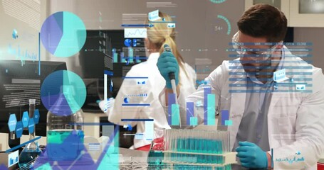 Poster - Two scientists pipetting in science lab, displaying floating holographic charts and test tubes