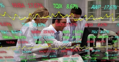 Poster - Three lab scientists typing and examining financial data on screen with floating stock symbols