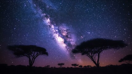 night sky with milky way, silhouette trees, star trails