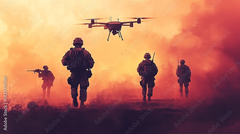 Modern soldiers using drone for artillery guidance in military ...