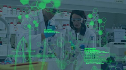 Poster - Scientists conducting biology experiment in lab, displaying animated hexagonal molecular graphics