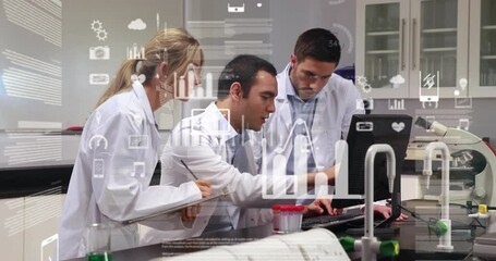 Poster - Scientists collaborating at computer workstation in lab, showing animated data graphs and icons