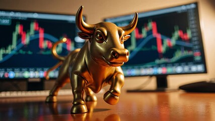 Poster - Golden bull statue symbolizing stock market optimism with financial charts in background for investment and economic growth themes