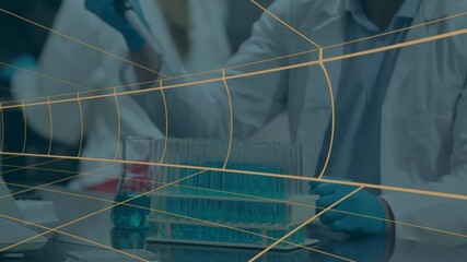 Poster - Researchers pipetting blue solution in laboratory showing animated data charts above test tube rack