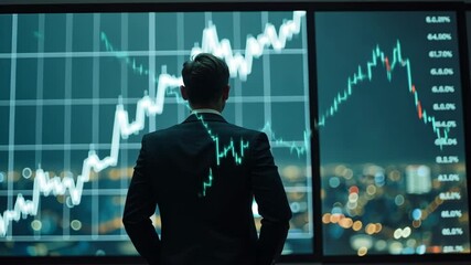 Poster - businessman analyzing financial trends on graph screen in modern office with cityscape background du