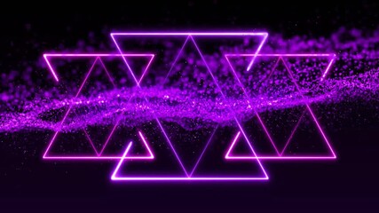 Aufkleber - Bright violet neon triangles floating across dark void, creating depth with glowing particles