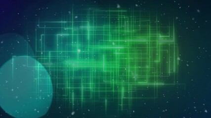Poster - Neon green grid network glowing over digital backdrop with floating white specks and teal circle