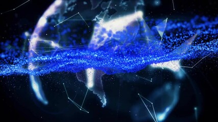 Poster - digital globe floating in dark space, showing streaming data band, linking glowing network nodes