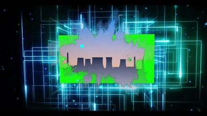 Poster - Industrial towers silhouette floating within neon-green bordered rectangle over cyber grid