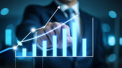 Poster - Business professional using finger to interact with digital graph showcasing upward trend and data visualization in modern office setting