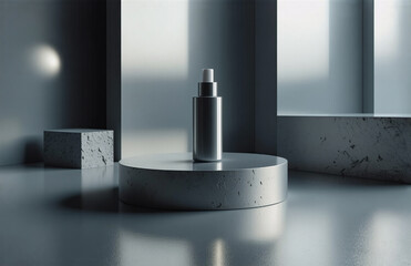 Poster - Silver bottle stands on a round concrete podium. Minimalist scene with sunlight illuminating gray geometric shapes in a modern setting.