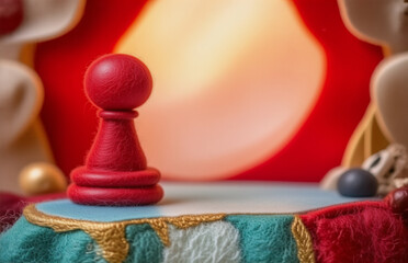 Aufkleber - here's a description and keywords, keeping to your rules: a wooden, red pawn stands on a stage. it i