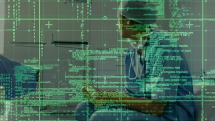 Poster - female surgeon wearing mask analyzing live medical code in operating room, displaying green grid