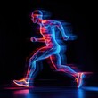 © ika ndari - A dynamic digital illustration of a running figure, highlighted with vibrant neon colors and motion blur.  Muscles and skeletal structures are visible, conveying speed and athleticism