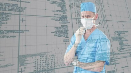 Poster - Medical professional holding mask thinking on grid background, displaying health tech code overlays
