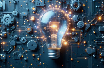 Poster - lightbulb illuminates a circuit board with gears. idea of innovation and technology with digital and