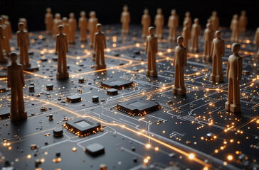Poster - wooden figurines stand on a circuit board, representing a network of interconnected individuals in a