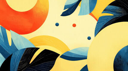 Poster - Bright Abstract Floral Pattern with Large Leaves and Circular Shapes in Bold Blue Yellow and Black Color Scheme for Modern Artistic Design