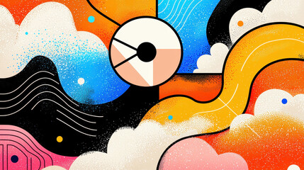 Poster - Abstract vibrant geometric design with colorful shapes and patterns including clouds lines circles and gradients illustrating creativity and imagination in modern art style