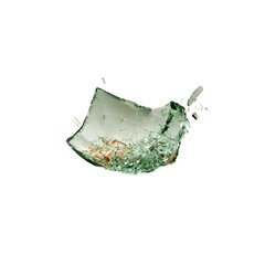 Poster - A photograph of broken transparent glass pieces scattered on a clean minimalist white studio background showcasing the sharp edges and intricate textures of the shattered material