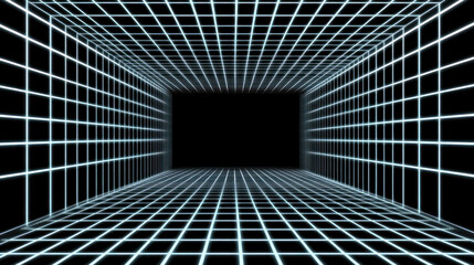 Poster - A black and white image of a room with a white line dividing it into two sections. The room is empty and the only thing visible is the white line. The image has a futuristic and minimalist feel to it