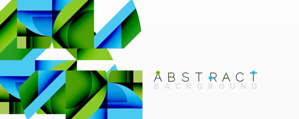 Fototapete - Geometric shapes overlap, creating vibrant color gradients. Blue, green hues dominate design, modern aesthetic. Minimalist composition.