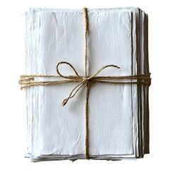 Poster - A neatly stacked bundle of plain white paper sheets tied together with simple twine or string centered on a clean minimalist white background