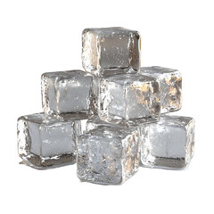 Poster - A pile of small clear ice cubes stacked neatly on a simple pure white background showcasing the natural texture and reflective of the frozen water fragments