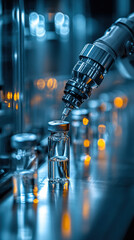 Poster - A robot is filling a bottle with a liquid. The bottle is on a table and the robot is in the background