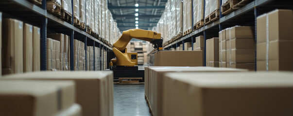 Poster - A robot is working in a warehouse, surrounded by boxes. The robot is yellow and he is moving boxes around. The warehouse is filled with boxes, and the robot is the only one visible
