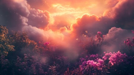 Wall Mural - Fantasy cloudscape with vibrant sunset and flowers