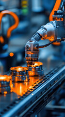 Poster - A robot is working on a conveyor belt with a bunch of metal parts. The robot is surrounded by other robots and machines, and the conveyor belt is filled with various metal parts