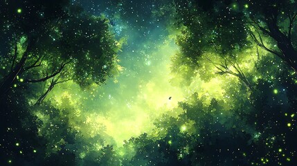 Wall Mural - Lush, mystical forest at night, glowing with bioluminescence