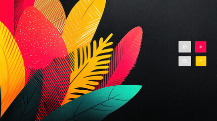Poster - Vibrant Colorful Abstract Leaves Illustration with Bright Pink Yellow Green and Black Background Decorative Nature Design for Creative Projects