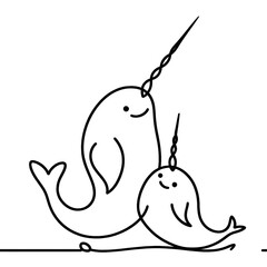 Poster - Two playful narwhals in a minimalist line drawing style  