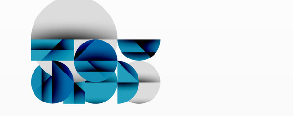 Poster - Abstract geometric composition. Overlapping circles, rectangles create modern visual effect. Blue, white hues dominate design.