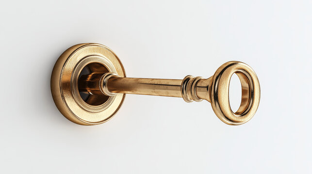 3D rendered image of a golden key inserted into a keyhole, isolated on a white background
