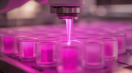 Poster - A machine is spraying a purple liquid into a row of clear plastic cups. The cups are arranged in a row and are all the same color. The machine is likely used for scientific experiments or research