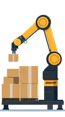 Poster - A robot is lifting a box from a stack of boxes. The robot is yellow and black. The boxes are brown and stacked on top of each other