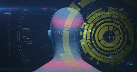 Poster - 3D head silhouette being visualized with dotted hues while UI elements processing biometric data