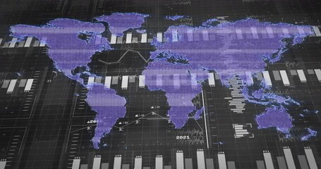 Aufkleber - Showing purple dot-matrix world map with shifting bar charts and line graphs in 3D HUD